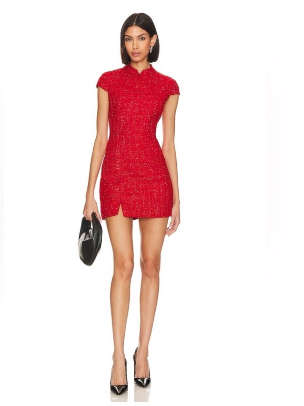 Sau Lee Cap-Sleeve Red Tweed Mini Dress with Front Slit